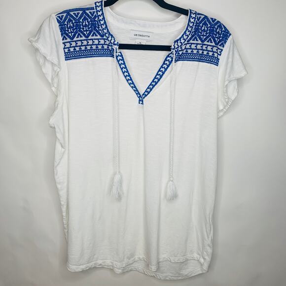 Liz Claiborne White Blue Embroidered Top Flutter Sleeve Sz XL - Picture 5 of 9